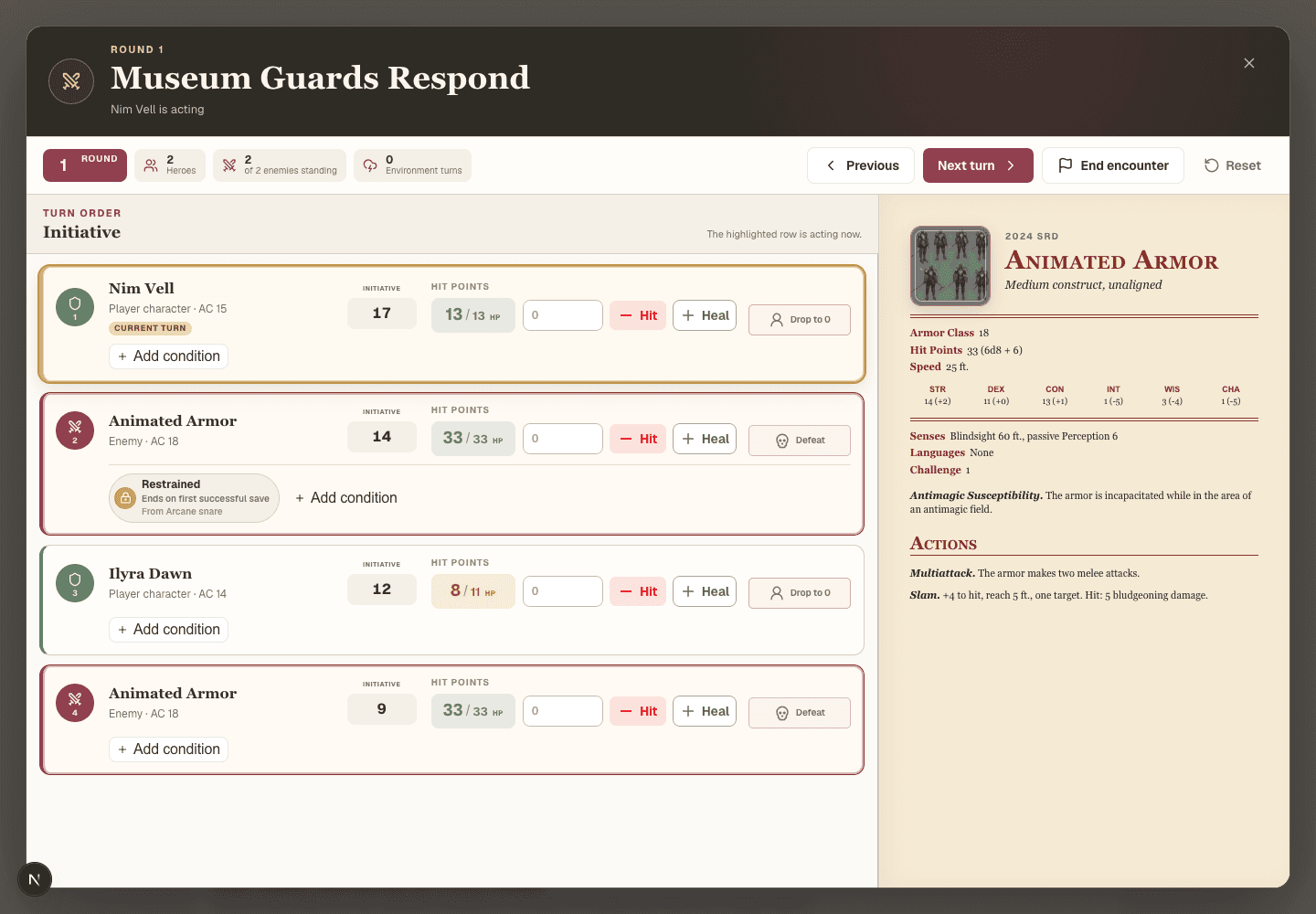 Lore Atlas encounter runner showing initiative order, player characters, monsters, hit point controls, conditions, and a monster stat block.