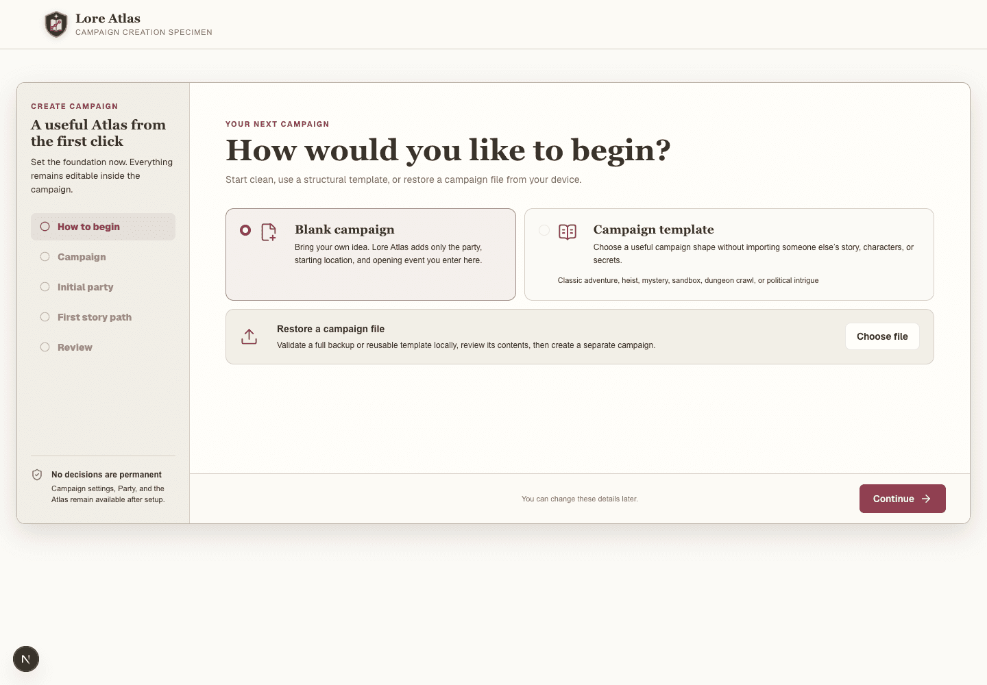 Lore Atlas campaign creation wizard showing blank campaign, campaign template, and restore options.