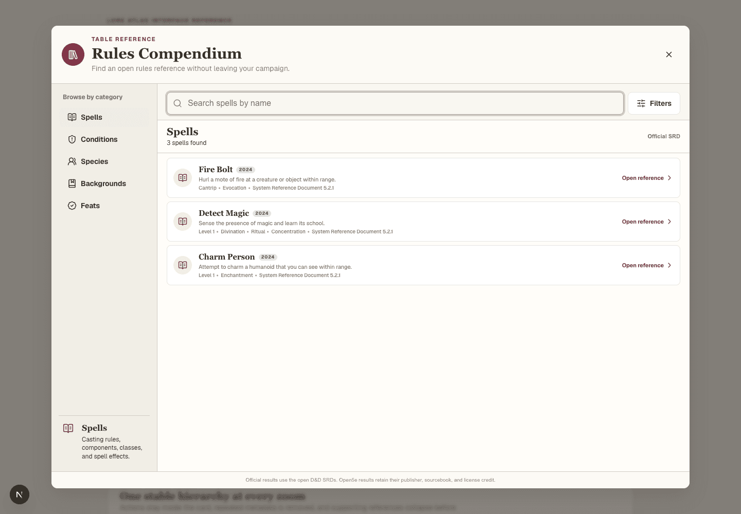 Lore Atlas Rules Compendium showing spell search, category navigation, filters, and open SRD results.