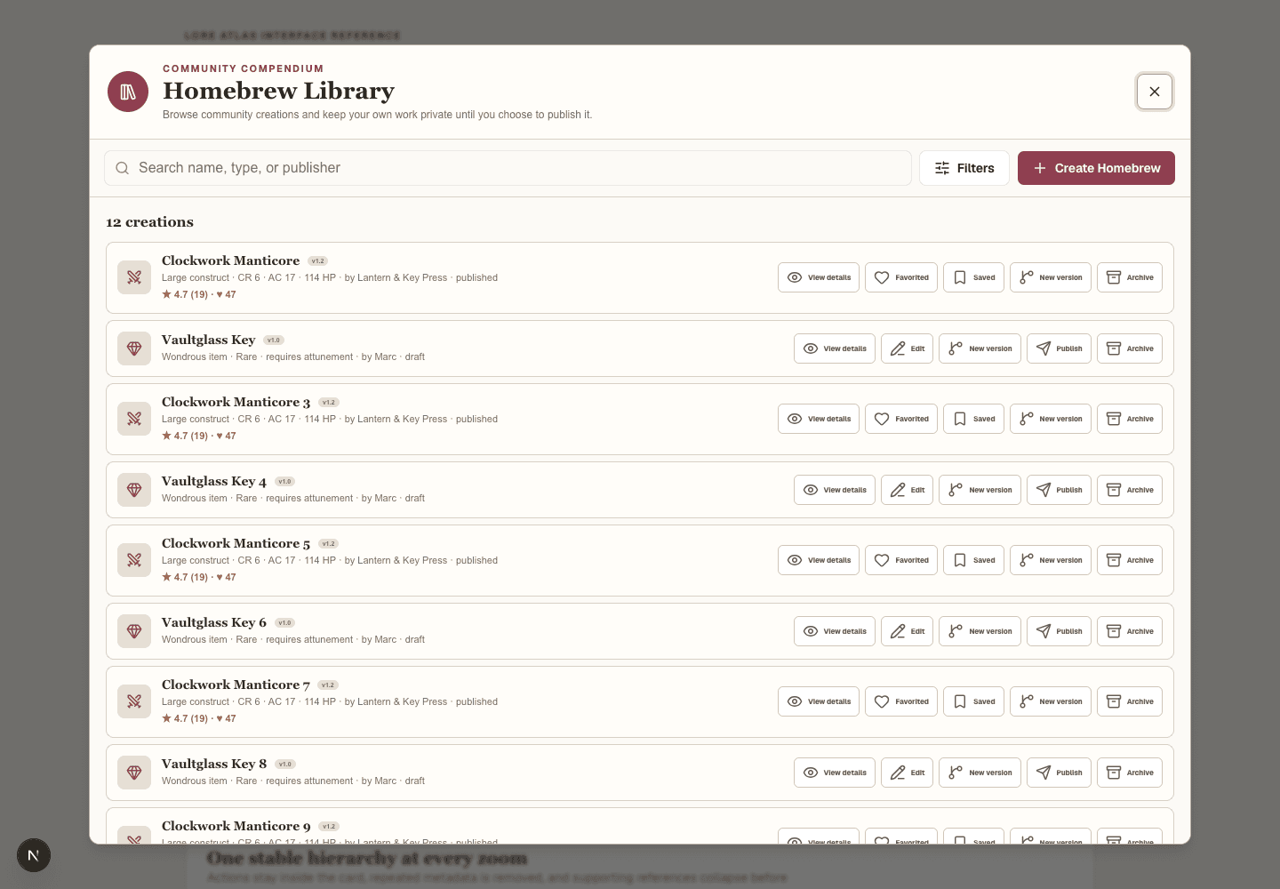 Lore Atlas Homebrew Library showing search, filters, published entries, drafts, version controls, and publishing actions.